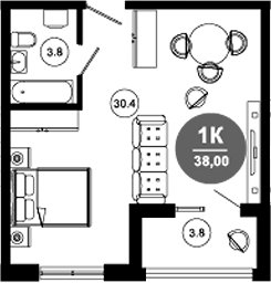 1-комн., 34.2 м², 3/10 этаж, ЖК «Гостиничный комплекс GREENMONT»