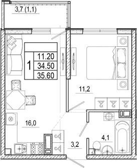 2-комн., 34.5 м², 17/17 этаж, ЖК «Лестория»