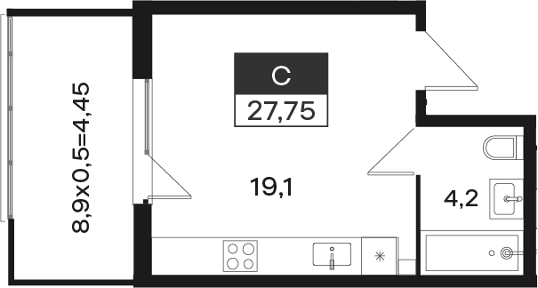 Студия, 23.3 м², 1/4 этаж, ЖК «Новая Елизаветка»