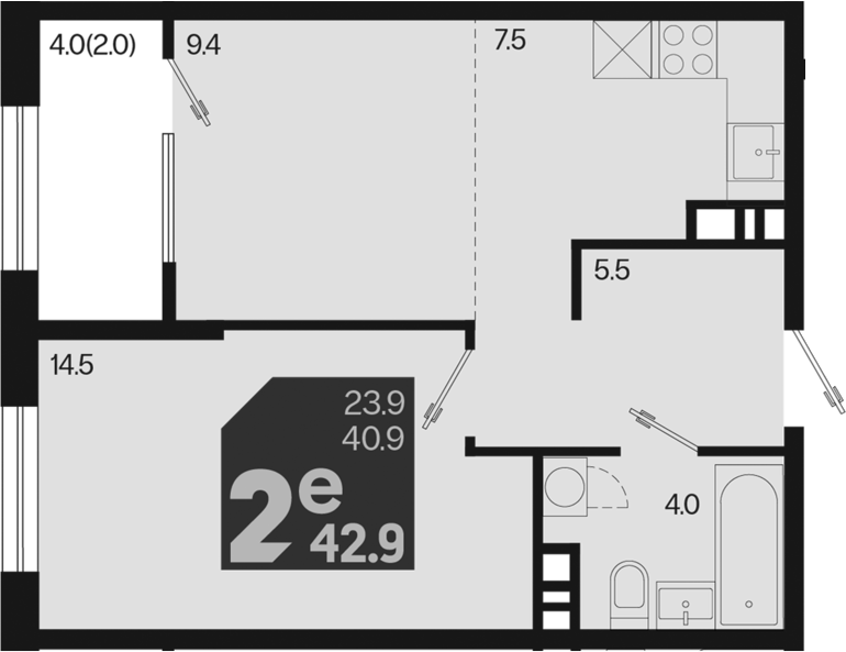 2-комн., 40.9 м², 5/9 этаж, ЖК «Первое место»
