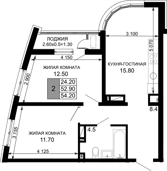 3-комн., 52.9 м², 13/18 этаж, ЖК «Фонтаны»