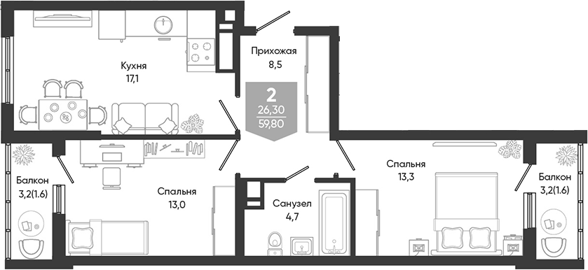 3-комн., 56.6 м², 22/24 этаж, ЖК «Облака»