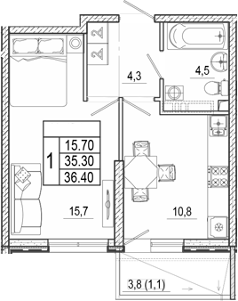 1-комн., 35.3 м², 1/17 этаж, ЖК «Лестория»