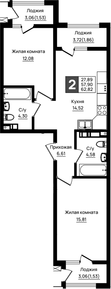 2-комн., 57.9 м², 2/9 этаж, ЖК «Резиденция морей»