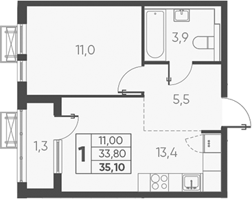 1-комн., 33.8 м², 19/24 этаж, ЖК «Барса»