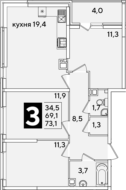 4+ комнаты, 69.1 м², 9/16 этаж, ЖК «Самолет»