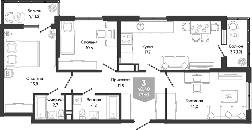 4+ комнаты, 76.5 м², 9/24 этаж, ЖК «Облака»