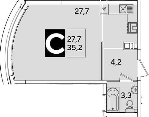 Студия, 35.2 м², 6/16 этаж, ЖК «Самолет»