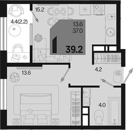 1-комн., 37 м², 17/18 этаж, ЖК «Первое место»