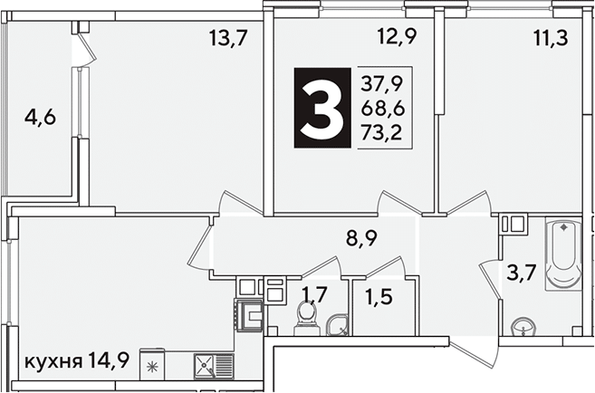 3-комн., 68.6 м², 6/16 этаж, ЖК «Самолет»