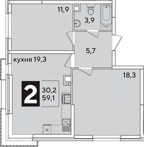 3-комн., 59.1 м², 5/16 этаж, ЖК «Самолет»