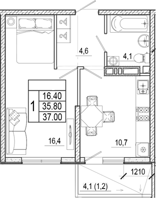 1-комн., 35.8 м², 11/17 этаж, ЖК «Лестория»