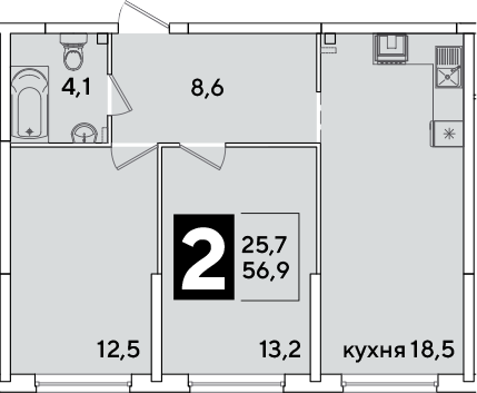 3-комн., 56.9 м², 2/16 этаж, ЖК «Самолет»