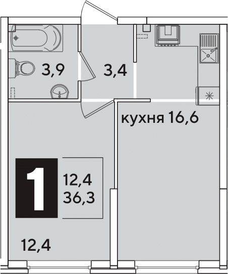 2-комн., 36.3 м², 1/16 этаж, ЖК «Самолет»