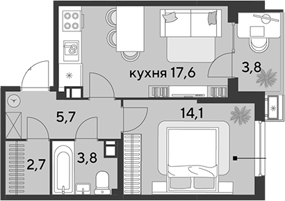 2-комн., 43.9 м², 5/9 этаж, ЖК «Парк Победы»