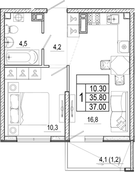 2-комн., 35.8 м², 4/17 этаж, ЖК «Лестория»