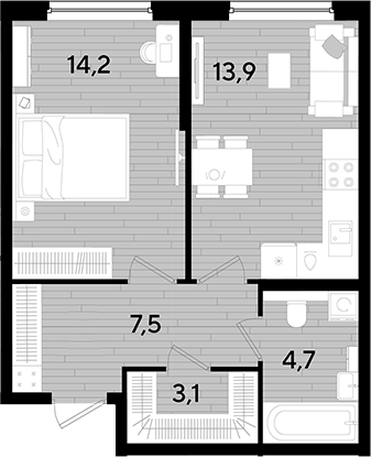 1-комн., 43.4 м², 2/16 этаж, ЖК «DОГМА ПАРК»