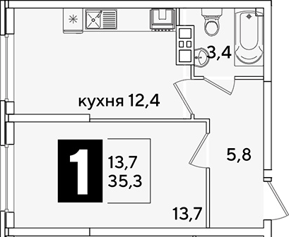 Продается 1-комн. квартира, 35.3 м²