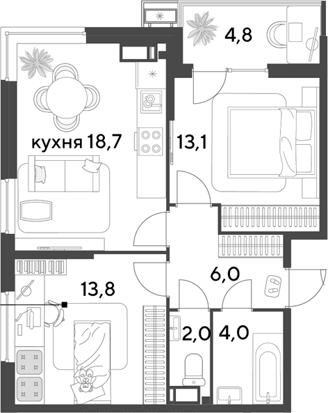 3-комн., 57.6 м², 13/18 этаж, ЖК «Парк Победы»