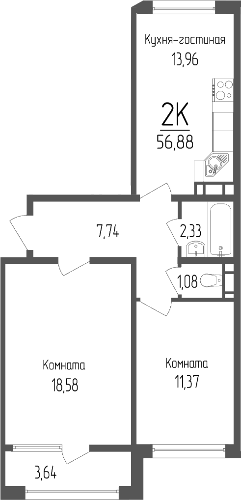 2-комн., 55.06 м², 9/14 этаж, ЖК «Портрет 2»
