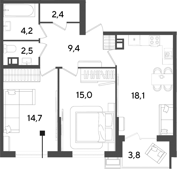 3-комн., 66.3 м², 5/9 этаж, ЖК «Парк Победы»