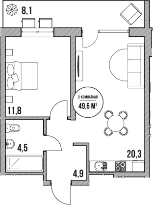 2-комн., 41.5 м², 1/5 этаж, ЖК «МореТут»
