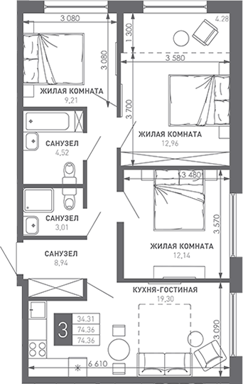 3-комн. Иначе в Молодежном