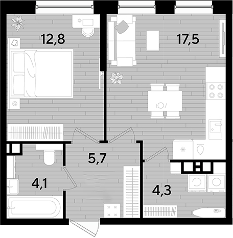 1-комн., 44.4 м², 7/16 этаж, ЖК «DОГМА ПАРК»