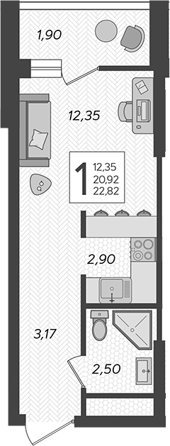 Студия, 20.92 м², 17/19 этаж, ЖК «Кислород»