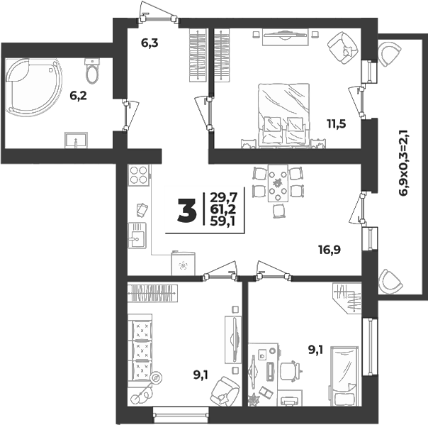 3-комн., 59.1 м², 4/5 этаж, ЖК «Дарград»