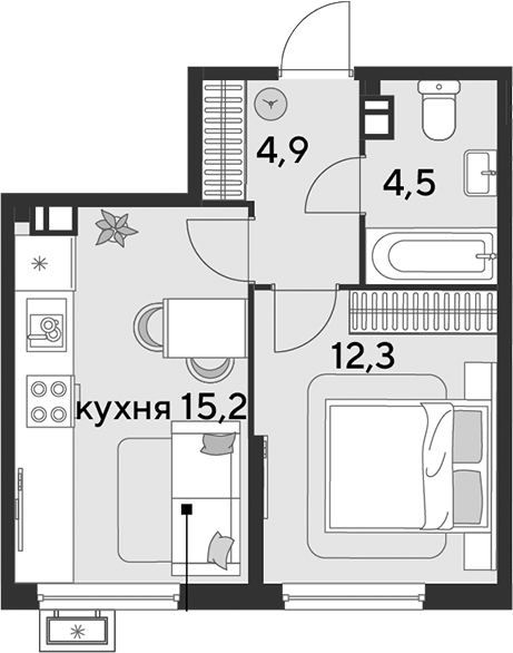 2-комн., 36.9 м², 6/9 этаж, ЖК «Парк Победы»