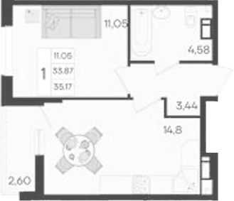 1-комн., 33.87 м², 9/9 этаж, ЖК «Дом 101»