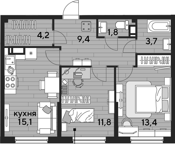 2-комн., 59.4 м², 12/16 этаж, ЖК «DОГМА ПАРК»