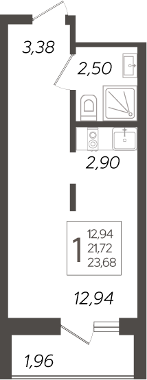 Студия, 21.72 м², 13/19 этаж, ЖК «Кислород»