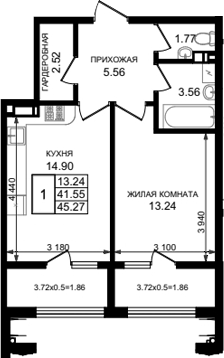 1-комн., 41.55 м², 8/8 этаж, ЖК «Резиденция морей»