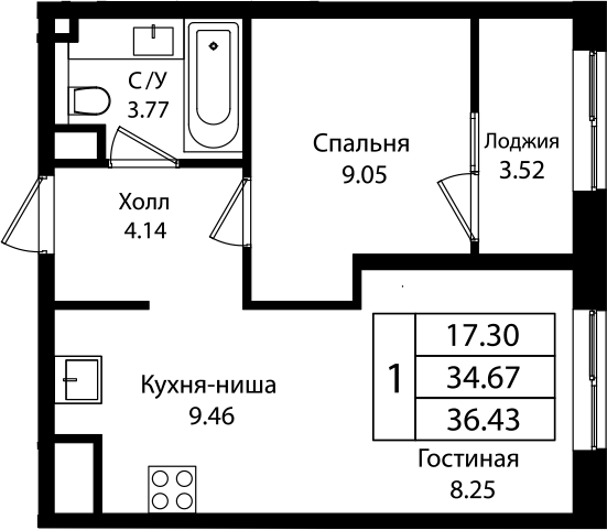 2-комн., 34.44 м², 13/18 этаж, ЖК «Патрики»