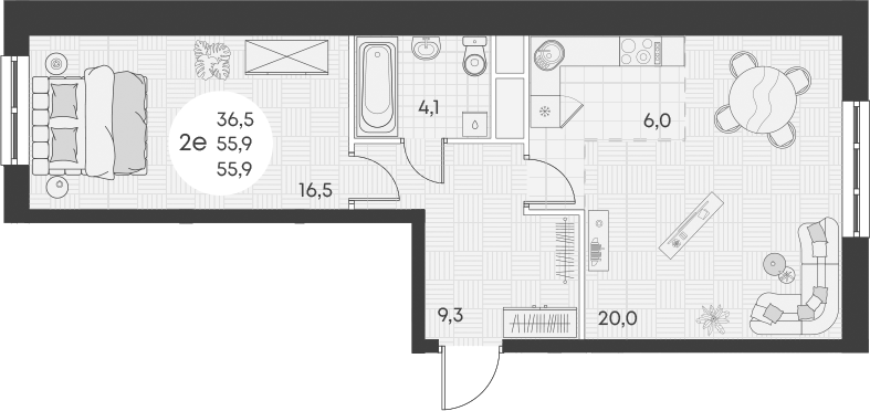 2-комн., 55.9 м², 15/17 этаж, ЖК «Грин Эппл»