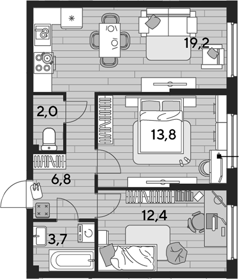2-комн., 57.9 м², 2/16 этаж, ЖК «DОГМА ПАРК»