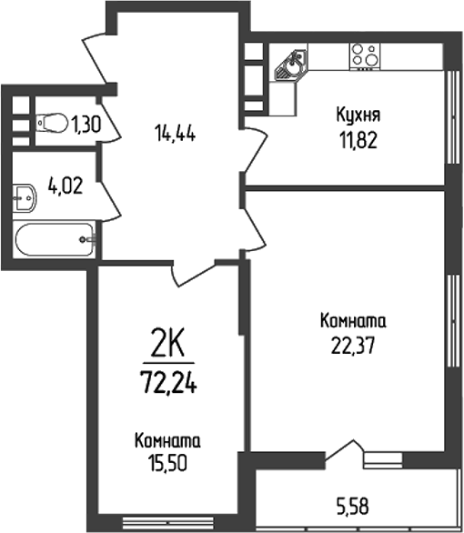 2-комн., 69.45 м², 10/18 этаж, ЖК «Кумир»