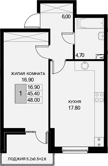 Продается 1-комн. квартира, 45.4 м²