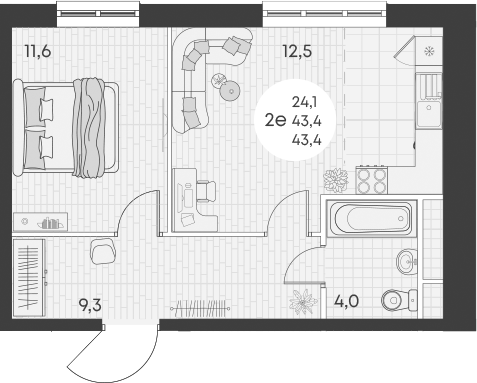 2-комн., 43.4 м², 13/14 этаж, ЖК «Грин Эппл»