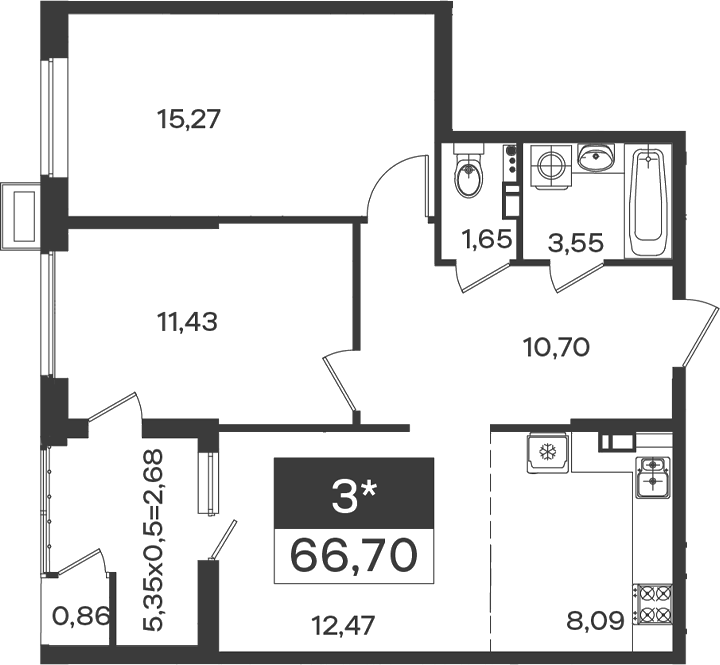 2-комн., 63.16 м², 5/18 этаж, ЖК «Образцово»