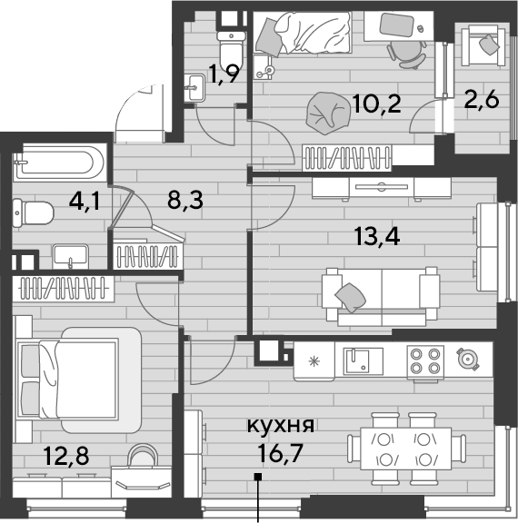 3-комн., 67.4 м², 8/19 этаж, ЖК «DОГМА ПАРК»