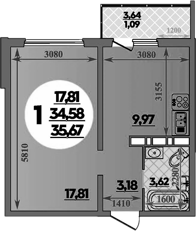 1-комн., 34.58 м², 6/9 этаж, ЖК «Романовский»
