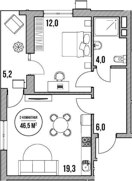2-комн., 41.3 м², 2/5 этаж, ЖК «МореТут»