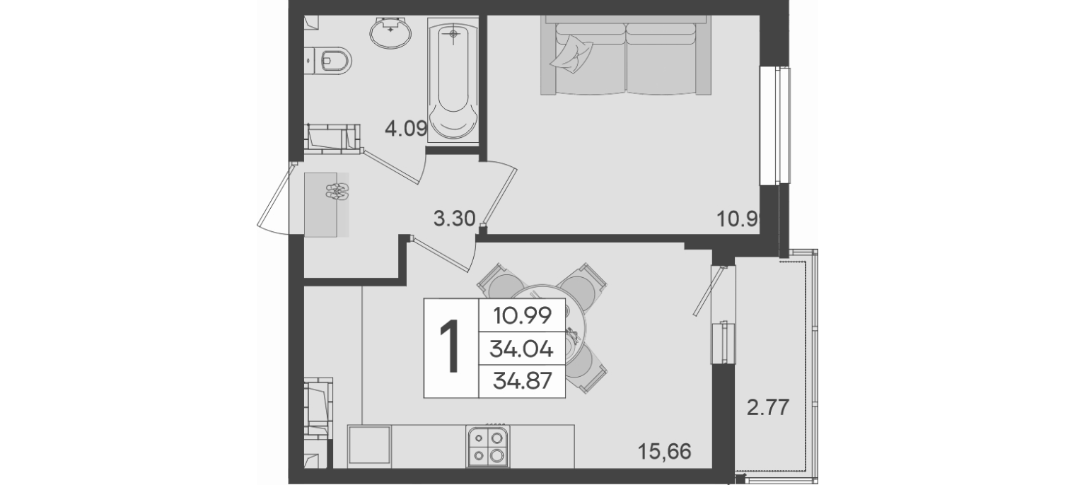 1-комн., 34.04 м², 3/18 этаж, ЖК «Дом 101»