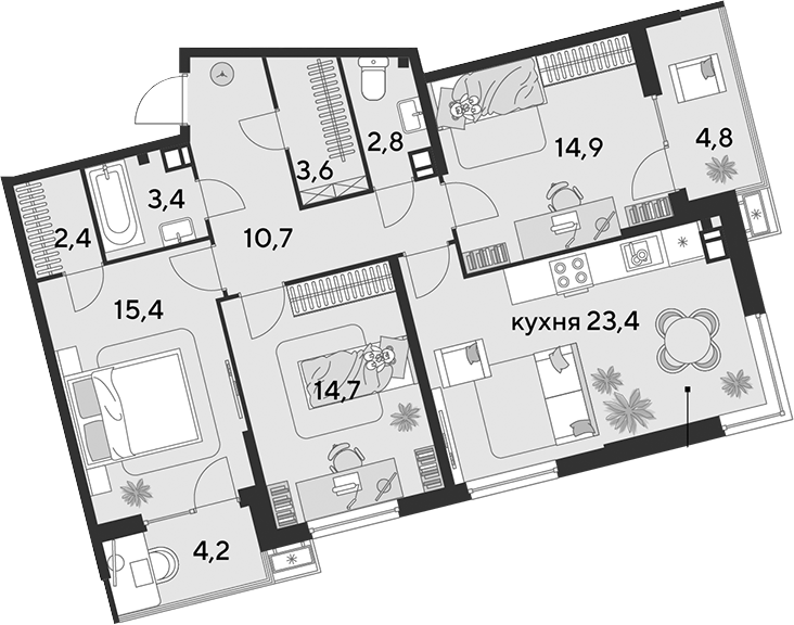 4+ комнаты, 91.3 м², 6/18 этаж, ЖК «Парк Победы»