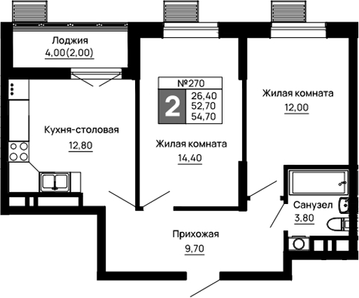 2-комн., 52.7 м², 6/9 этаж, ЖК «Традиции»