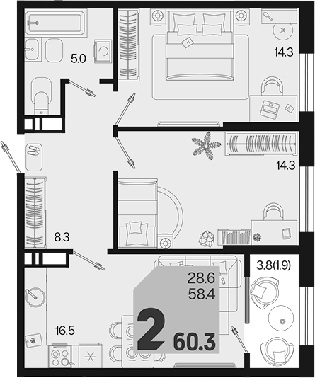Продается 2-комн. квартира, 58.4 м²