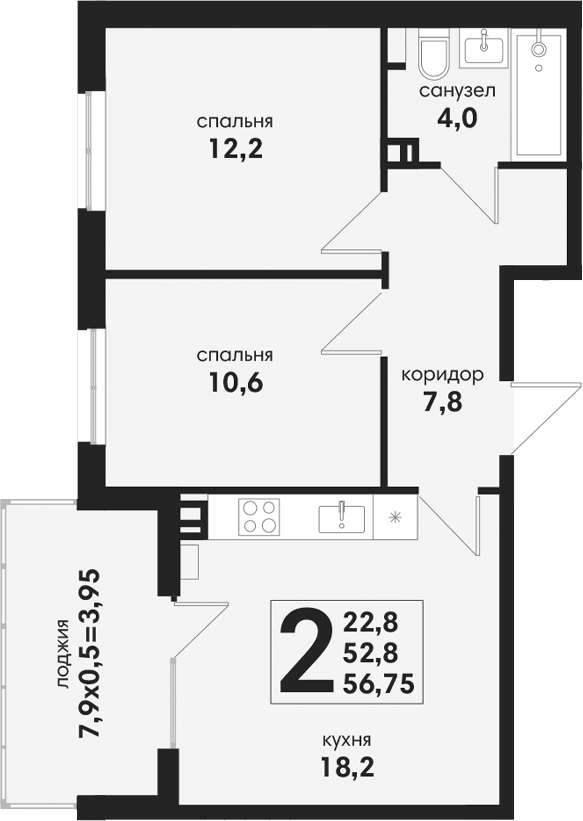 3-комн., 52.8 м², 4/4 этаж, ЖК «Новая Елизаветка»